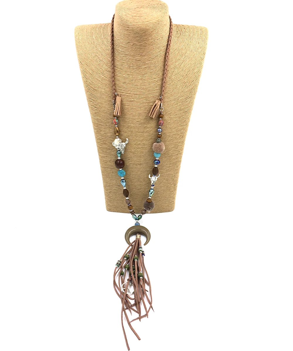 New Bohemia Boho long Necklace colorful beads chain leather tassel pendant Necklace long fringe moon crescent pendants necklace