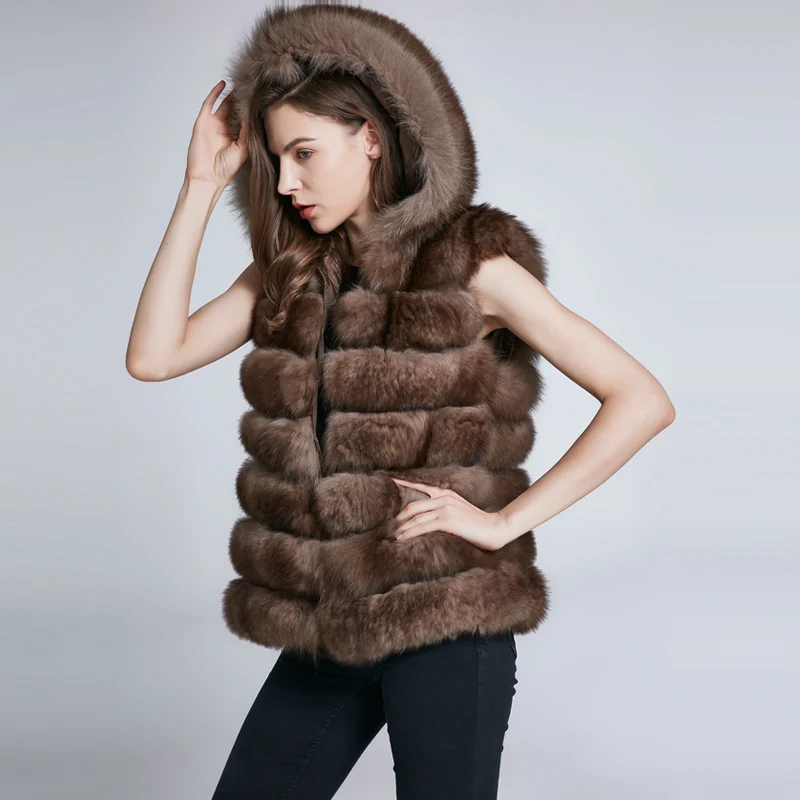 Manteau long en cuir avec col en fourrure naturelle pour femme, fourrure de renard, peut changer de longueur, chapeau, nouvelle mode à rayures, hiver, 2024