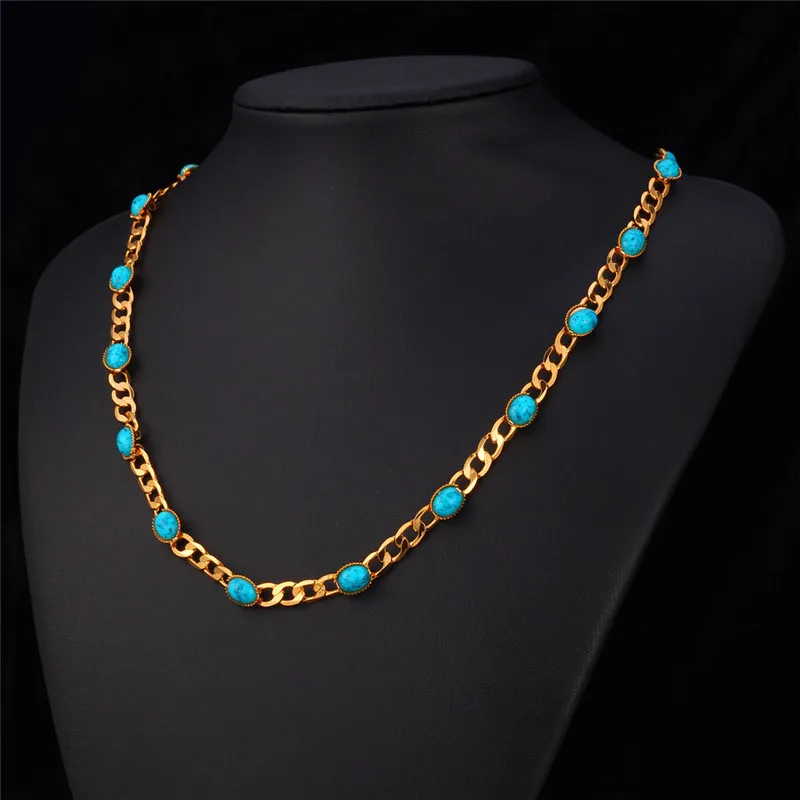 U7 Trendy Gold Color Oval Blue Turquoise Stone Women/Men Jewelry Wholesale 22 Inch Link Chain Necklace N388