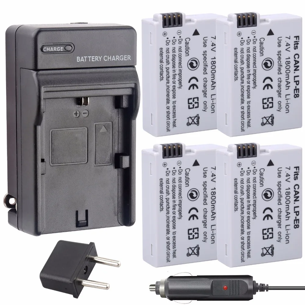 

4Pcs Probty LP-E8 LPE8 LP E8 Camera Battery + DC Charger kit For Canon EOS 550D 600D 650D 700D Rebel X4 X5 X6i X7 1800mAh