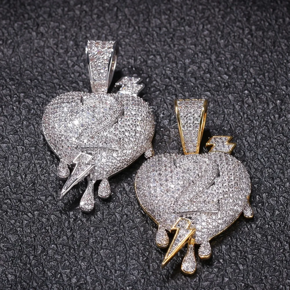 

Micro Paved AAA Cubic Zirconia Number 2 Lightning Heart Pendants Necklaces Men Hip Hop Bling Ice Out CZ Rapper Jewelry