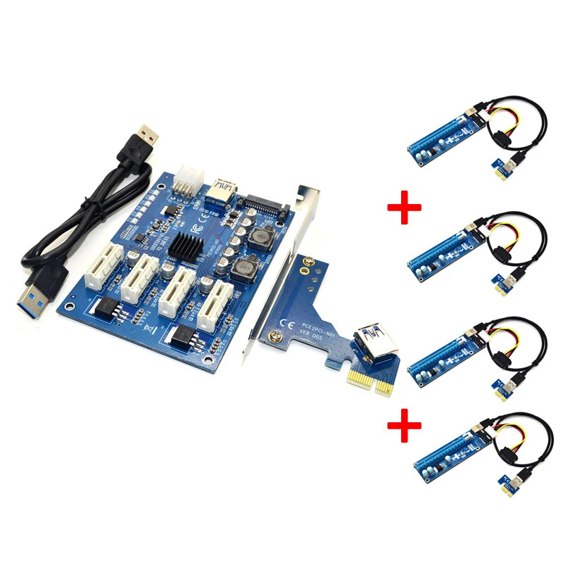 

Riser Kit PCIE 1 to 4 PCI E Express 1X to 16X Riser Card Mini ITX 1X to External 4 PCI-E Slot Adapter Card for BTC Miner Mining