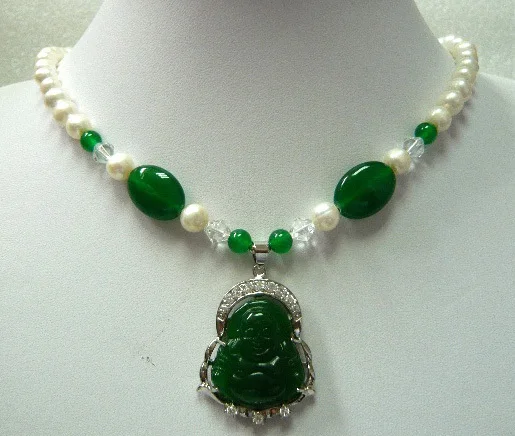 

green jades/pearl necklace Buddha/Guanyin lucky pendant