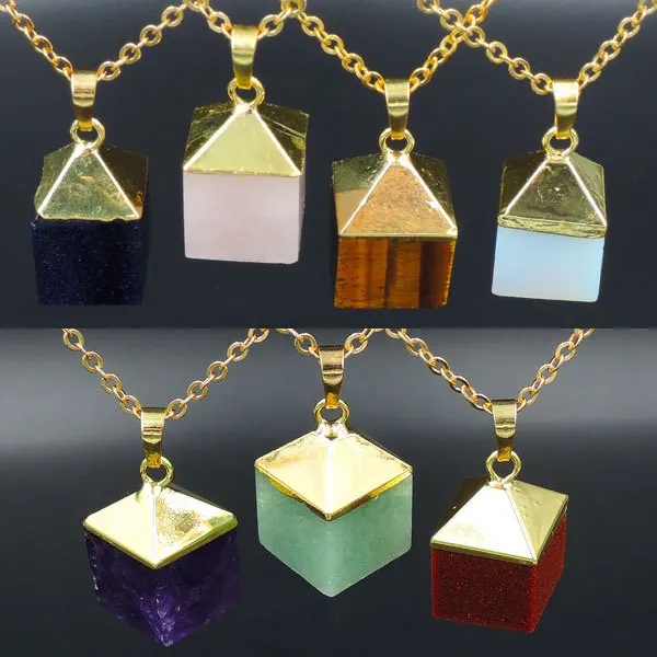 Mixed Stones Pyramid Pendant Necklace Gold Plated Approx 20*15mm