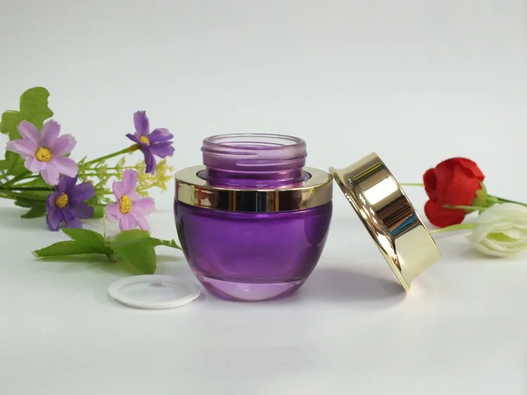 

100pcs wholesale 50g pruple glass jars for sale with golden lid ,wholesale glass cream jar ,50 g glass jar container wholesale