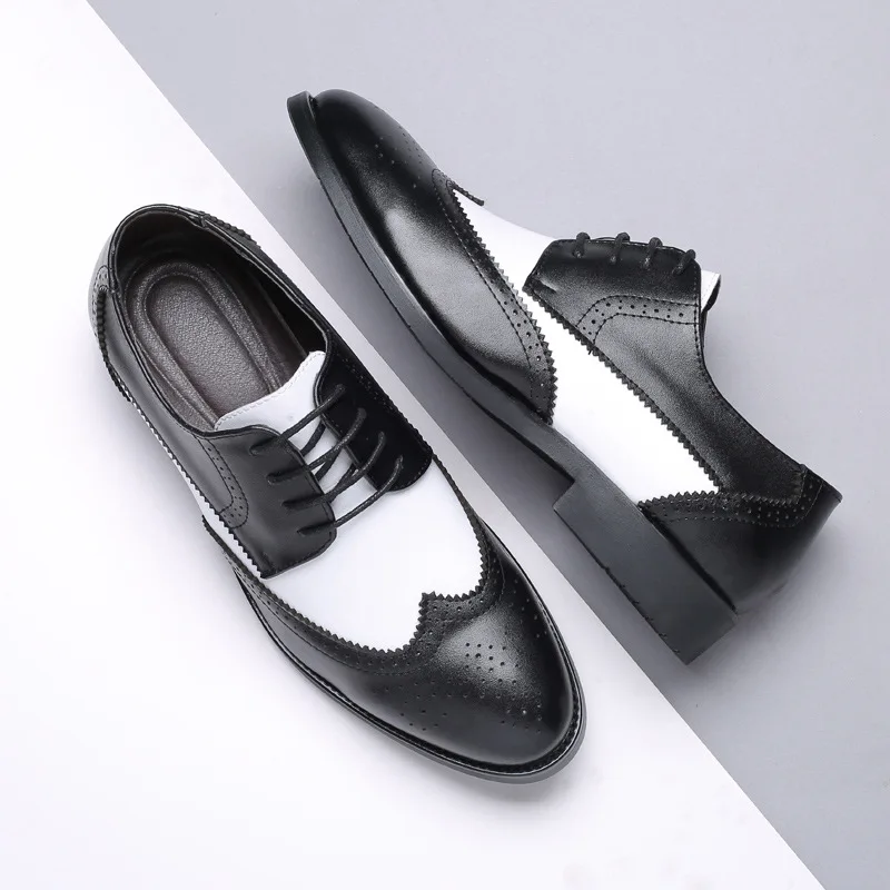 2023 British Style Men\'s Trend Pointed Toe Brogues Shoes Men Wedding Leather Dress Shoes Black With White Formal Shoes Men