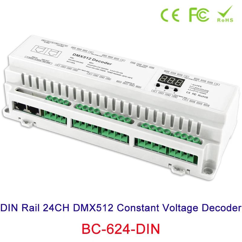 New arrival DIN Rail 24CH 32CH 40CH DMX512 Constant Voltage PWM Decoder  3 digital display shows large-scale projects Controller