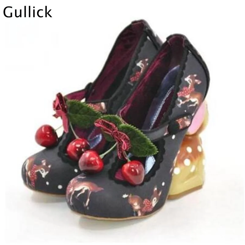 Gullick 2018 Newest Fashion Mary Janes Women Cute Print Deer Heel Pumps Woman Cherry Decoration Classics Party Dress Shoes