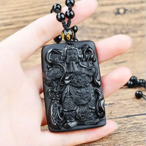 Black Obsidian Carving Guan Yu Natural Stone Pendant Amulets And Talismans Crystal Jewelry For Men