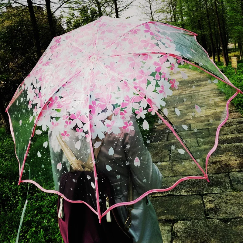 Thickening Transparent Three Fold Rain Umbrella Japanese Cherry Blossom Plastic PVC Clear Falbala Umbrellas Women parapluie