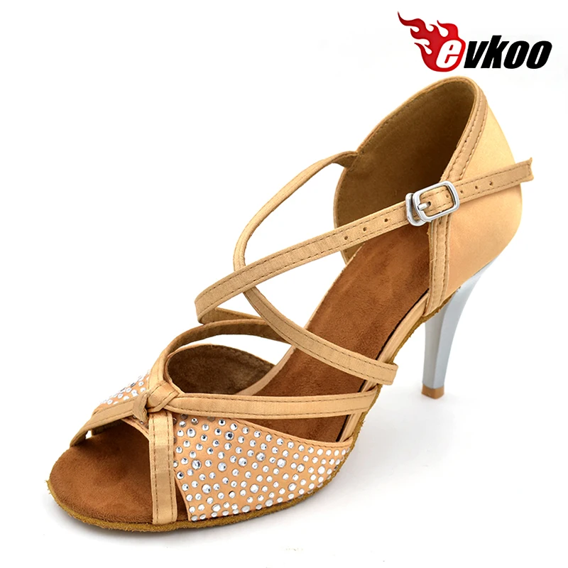 Customized 8.5cm High Heel Leather Sole Satin With Rhinestone Latin Dance Shoes Zapatos De Baile Professional Woman Evkoo-052