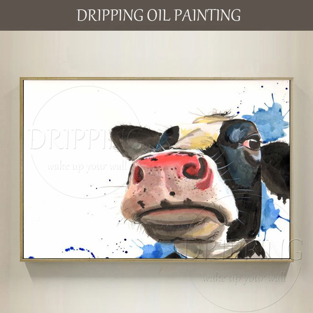 Hand-painted High Quality Modern Lovely Animal Cow Oil Painting on Canvas Funny Animal Cow Oil Painting for Wall Art Decoration