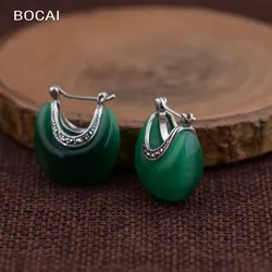 BOCAI S925 Silver Jewelry Cat Eye Stone Earrings for Women Retro Craft Chinese Style Fashion Silver Earrings