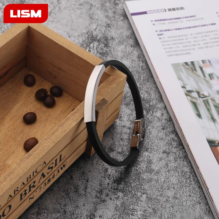 

Fashion Korean Style Wristband Black Punk Rubber Silicone Stainless Steel Men Women Bracelets Bangles Pulseras Hombre Caucho