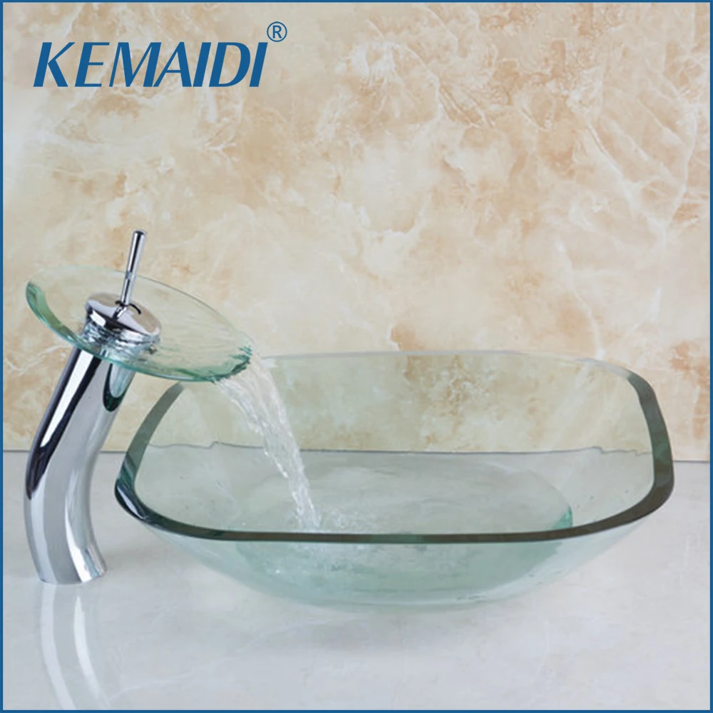 

4048-1 Waterfall Chrome Glass Tap Faucet Square Bathroom Art Washbasin Clear Tempered Glass Vessel Sink Set