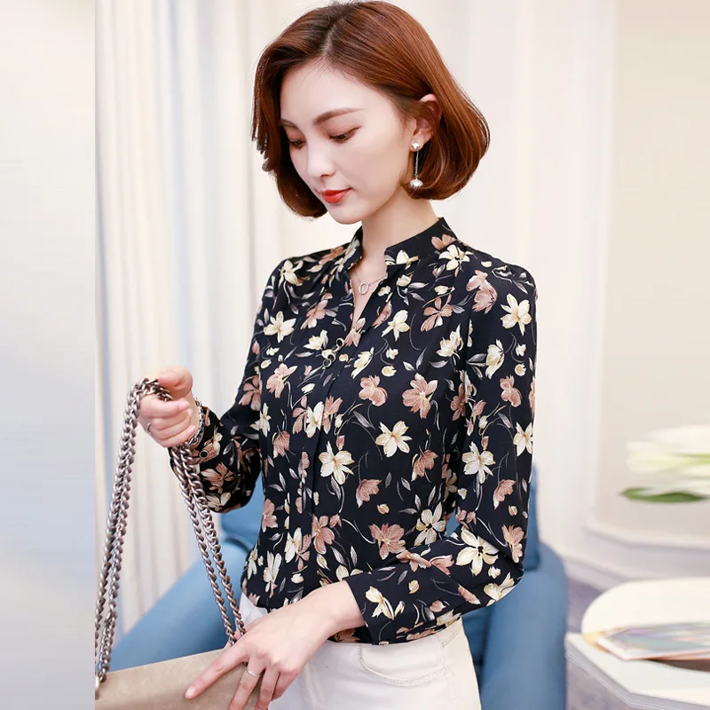 Chiffon Casual Shirt Long Sleeve Autumn Spring New Women's V Collar Striped Blouse Office Ladies Work Bottom Shirts Top H9030