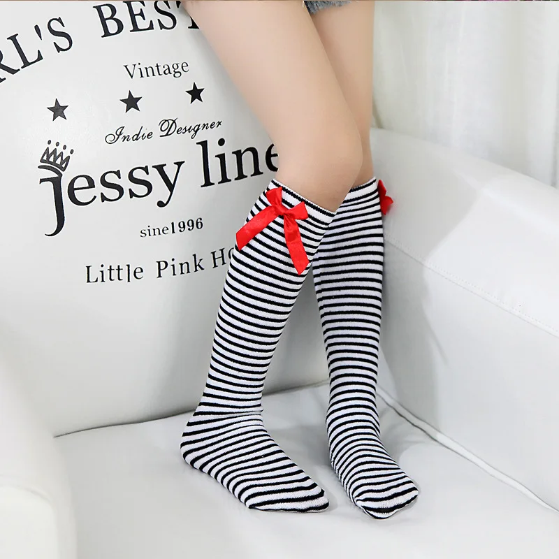 Girls Knee High Socks with Bow Kids Boot Socks Stripe Cute Princess Long Socks for School Baby Solid Color Leg Warmer Brand