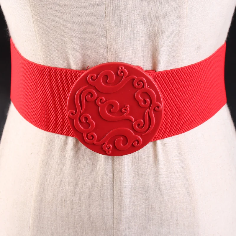 Red Elastic Stretch Wide Belt Ladies Retro Waistband Women Engraving Round Buckle Decorative Dress Fashion Female Girdle H3165