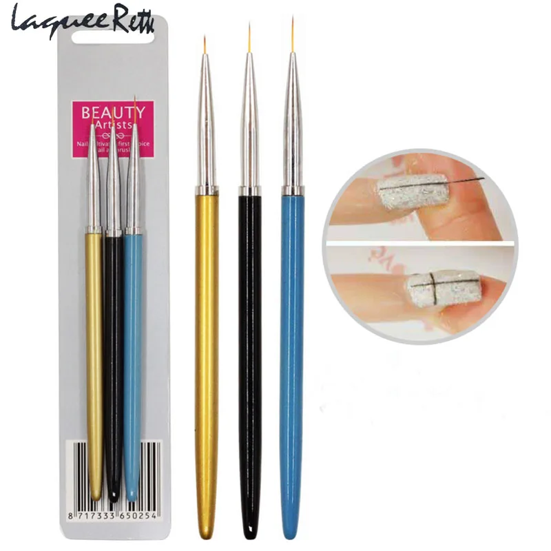 3pcs/Set Nail Art Brush Alloy Handle Import Nylon Hair Nail Art Liner UV Gel Painting Drawing Design Pen Tool