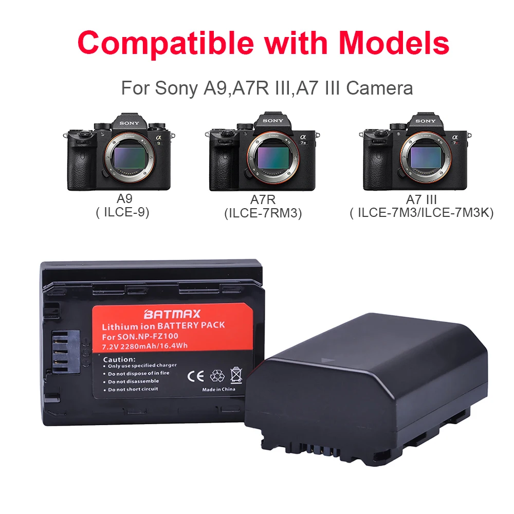 2280mAh 2Pc NP FZ100 NP-FZ100 FZ100 Battery + LCD Dual USB Charger + AC Adapter for Sony A7R III A7 III BC-QZ1 A9/A9R Alpha9