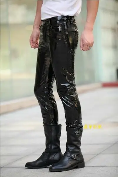 27-37 ! Men's New Dj Fashion Clothing Slim Male Classic Slim The Light Japanned Leather Pants Trousers Singer Costumes