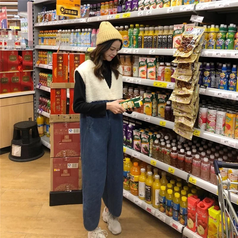 Casual หลวม Patchwork กางเกงยีนส์ Jumpsuits 2019 ฤดูใบไม้ร่วงฤดูหนาวใหม่ V คอ Jean Jumpsuit สำหรับสุภาพสตรี Overalls ผู้หญิง Dungarees DD1866