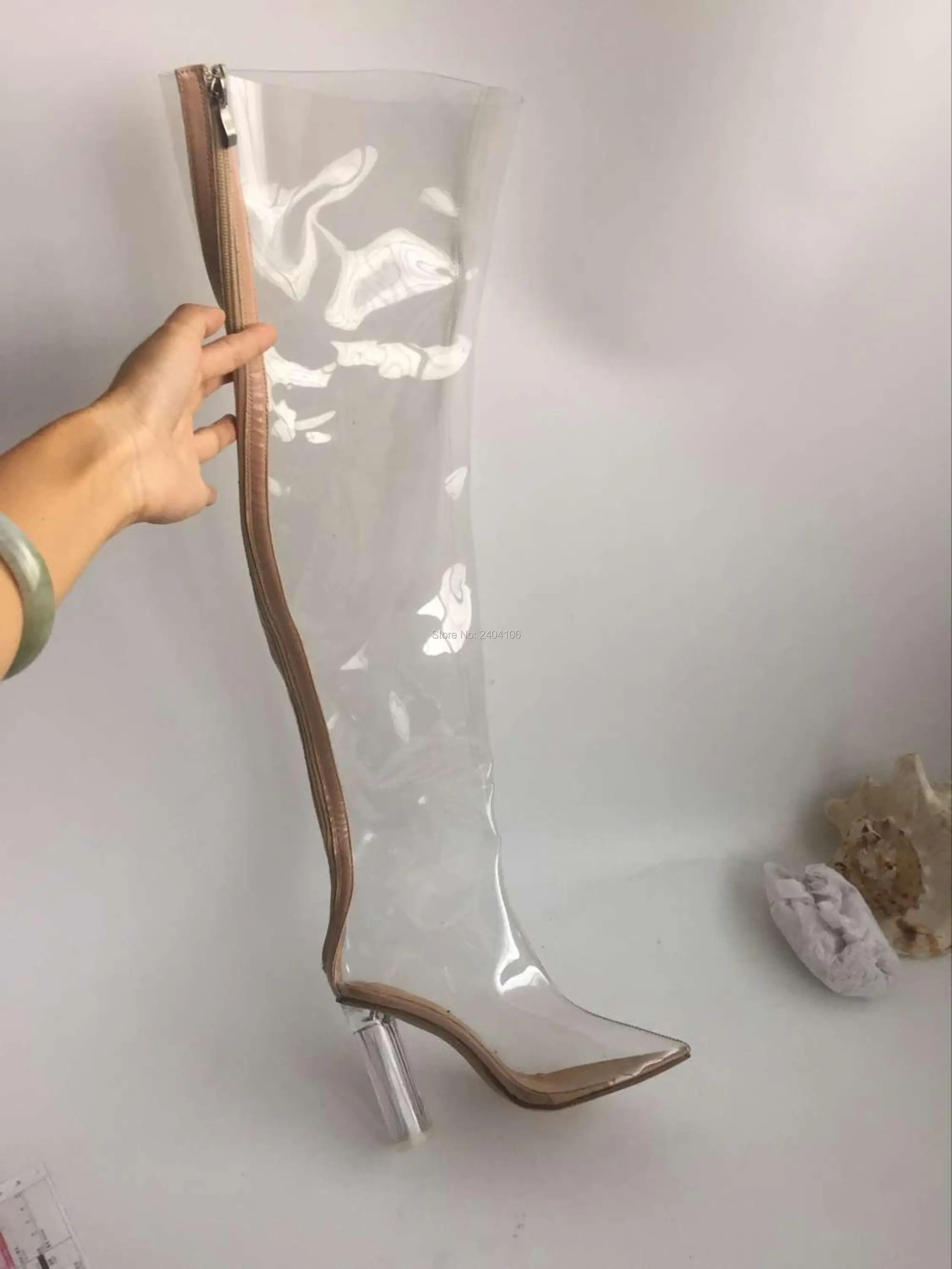 LTTL 2017 Clear PVC Transparent Pointed Toe Women Boots Perspex High Heels Thigh High Boots Celebrity Shoes