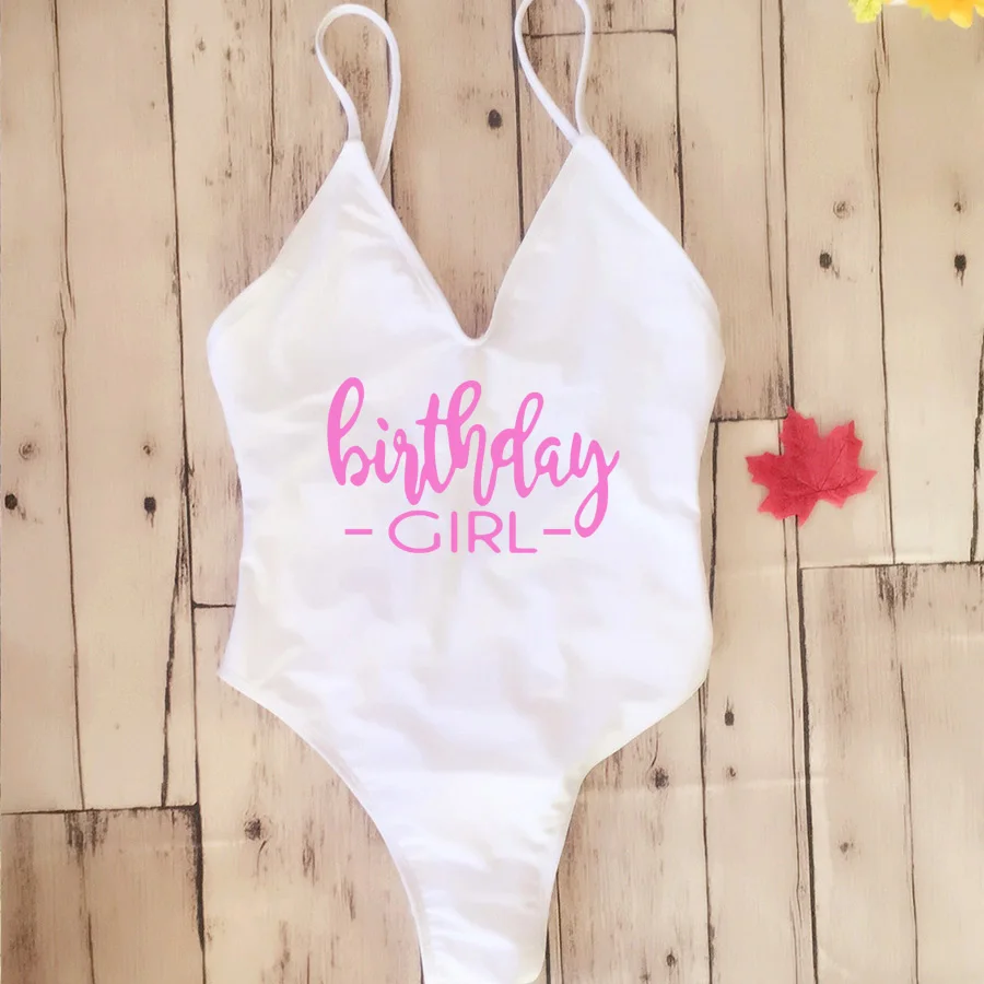 

Girls Birthday Padded Sexy One Piece Swimsuit Birthday Girl & Entourage Women Fused Swimwear Backless Bather Monokini Beachwear