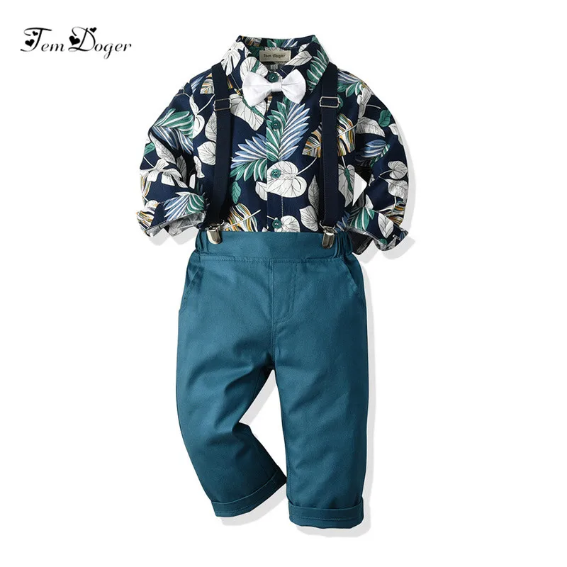 

Tem Doger Boy Clothing Sets Autumn Kids Boys Clothes Long Sleeve Floral Shirts+Overalls 2PCS Tracksuit Children Boy Casual Suit