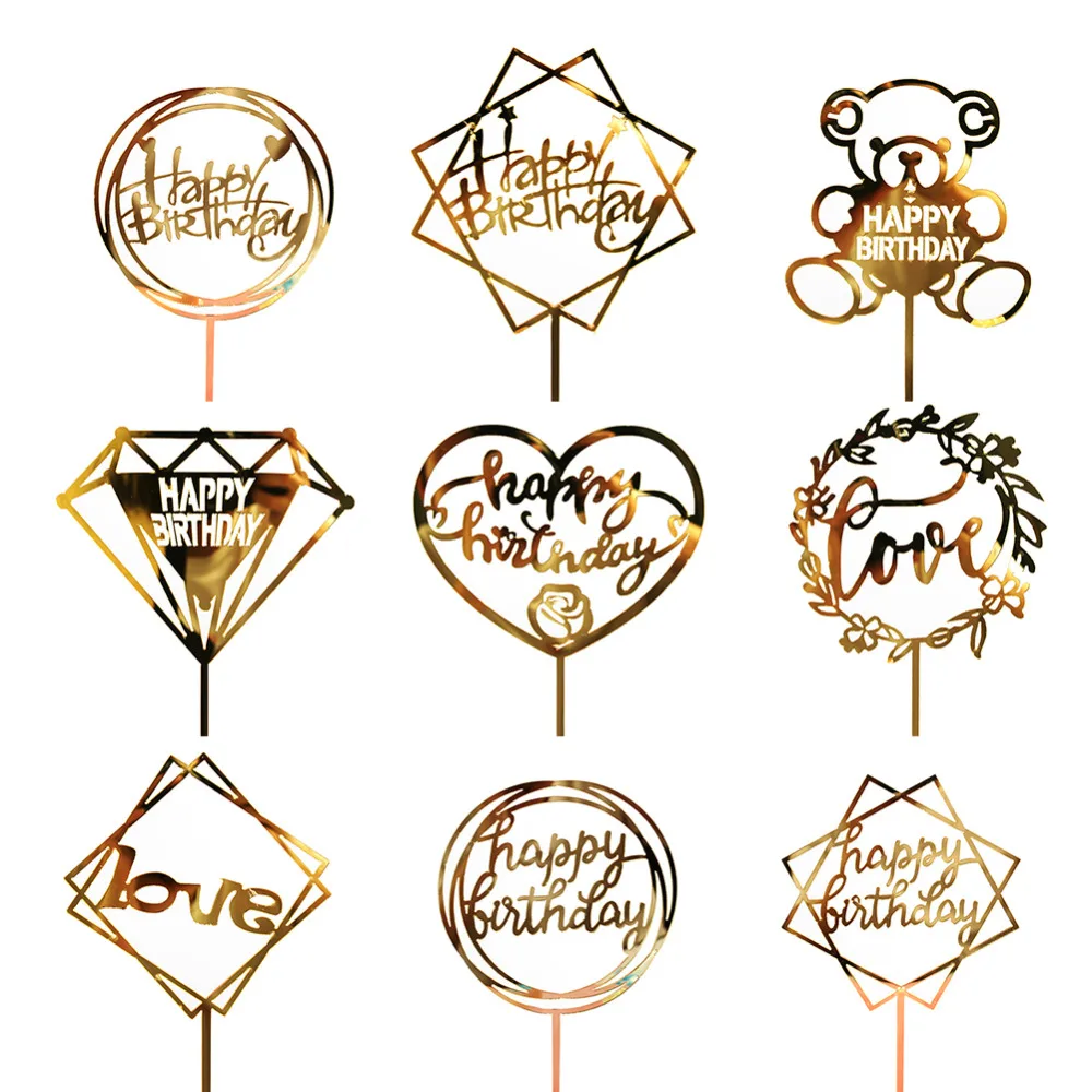 1 Pcs Happy Birthday Cake Gold Glitter Acrylic Heart Love Topper Cupcake Toppers Cake Flags Birthday Party Wedding Decoration