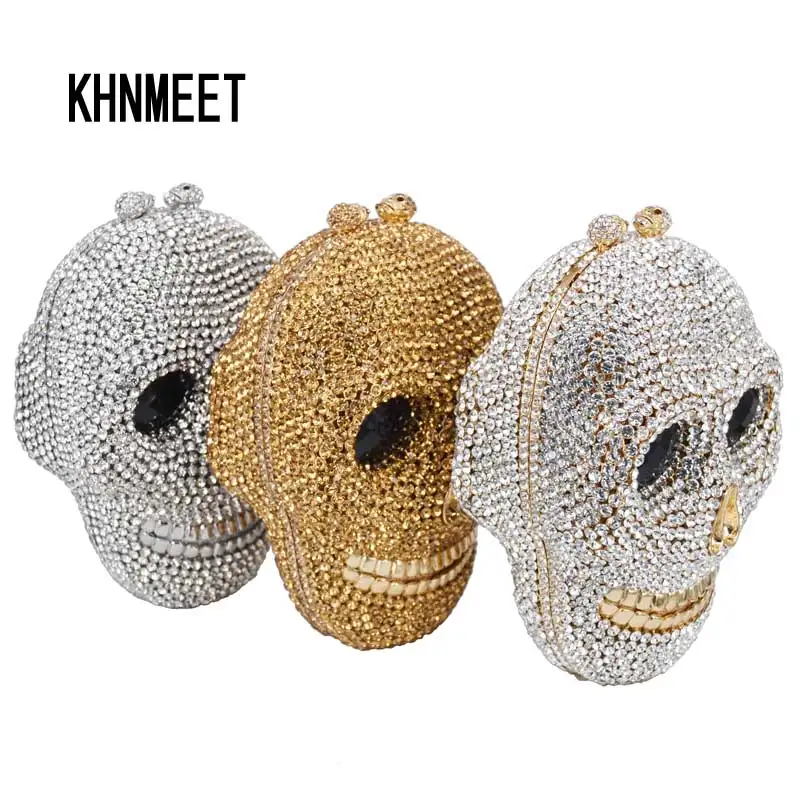 

Designer Skull Clutch Bags Women Evening Purse Wedding Bags Crystal Chain Gold Silver Day Clutches SC787