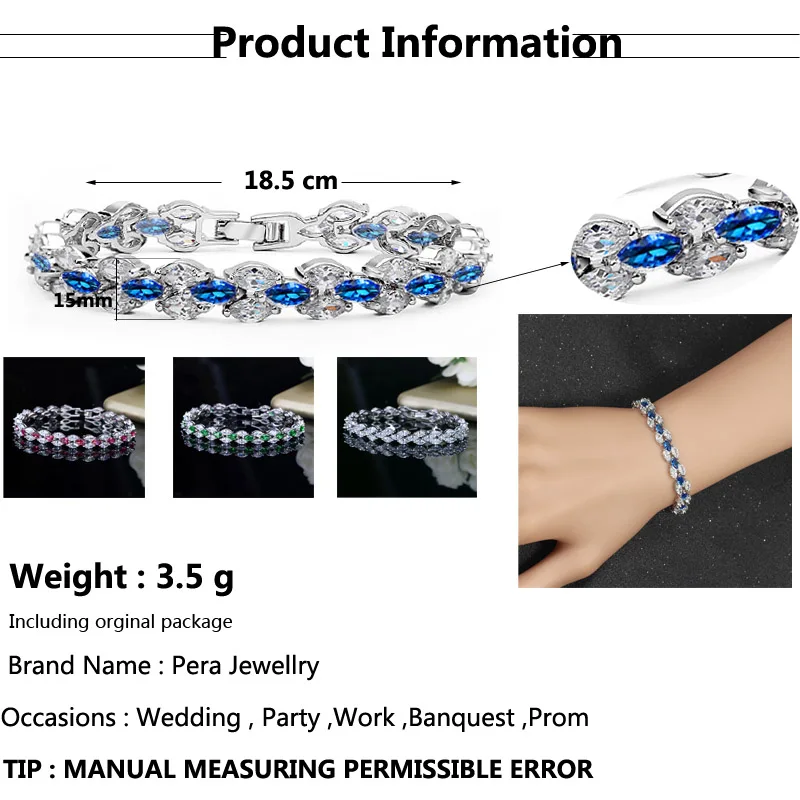 Pera Trendy Royal Tennis Prom Party Bracelets Big Marquise Blue Cubic Zirconia Stone Setting Silver Color Jewelry for Women B115