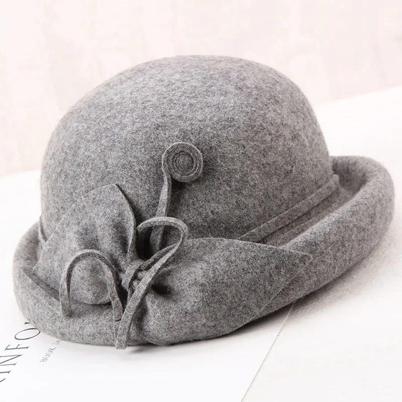 Girls Fedoras Wool Hat Female Autumn and Winter Elegant Woolen Cap Fashion Bow Woolen Hat Vintage Dome Curling Basin Cap B-8928