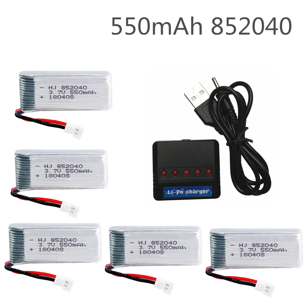 5pcs * 3.7V 550mAh 852040 With 5 in 1 Charger 25c Lipo Battery for JXD 523 523W H43WH RC Quadcopter Drone