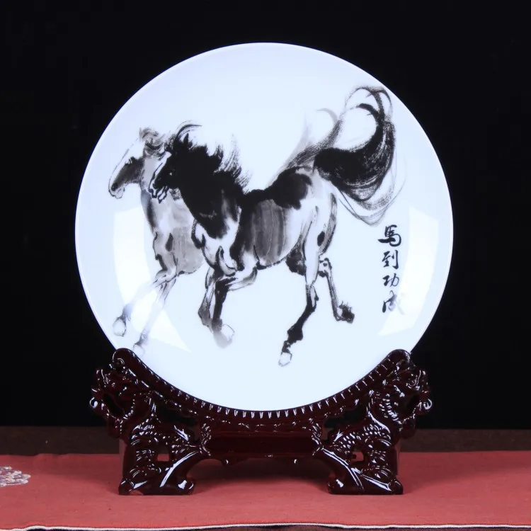 Collection Chinese Jingdezhen Porcelain Painting Zodiac Animal Horse Bring Success And Good Luck Ornament Small Plate