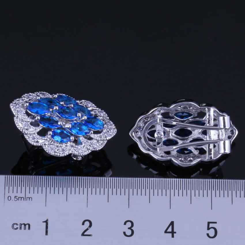 Admirable Marquise Blue Cubic Zirconia White CZ Silver Plated Clip Hoop Huggie Earrings V0886