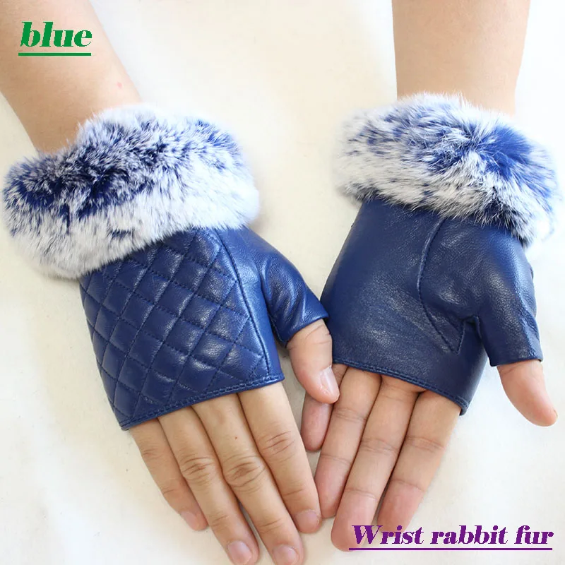 Leather Sheepskin Half Finger Gloves Girls Rabbit Fur Mouth Thin Rayon Lining Spring and Autumn Riding Driving Fingerless Gloves