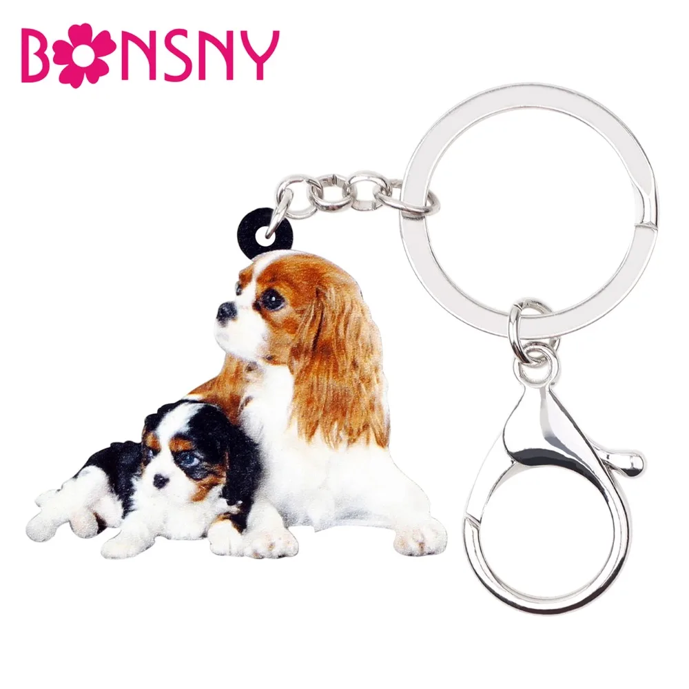 Bonsny Acrylic Cute Double Cavalier King Charles Spaniel Dog Key Chains Keychains Rings Bag Car Charms Jewelry For Women Girls