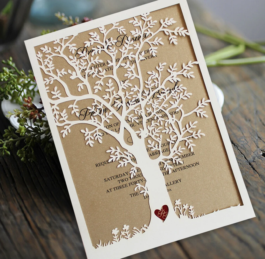 Laser Cut Tree Wedding Invitation, Fall Wedding Invitation Cards, Tree Wedding Invite, Rustic Wedding Invitations - Set Of 50