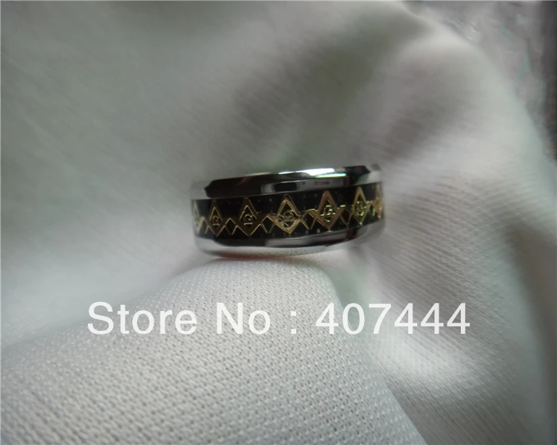 Free Shipping USA Hot Selling New new Golden Masonic Foil& Black Fiber Inlay Men's Tungsten Carbide Wedding Band Bridal Jewelry