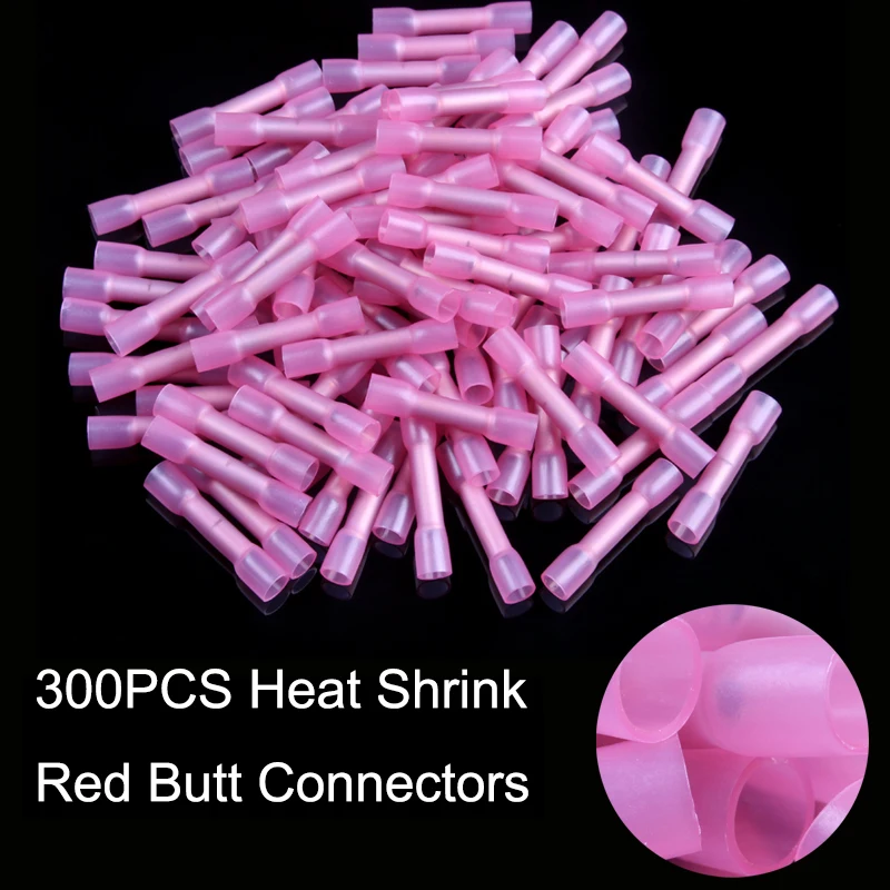 

300pcs Kit Red Waterproof Heat Shrinkable Butt Connector Splice Electrical Wire Cable Crimp Butt Terminal Connector 18-22 AWG