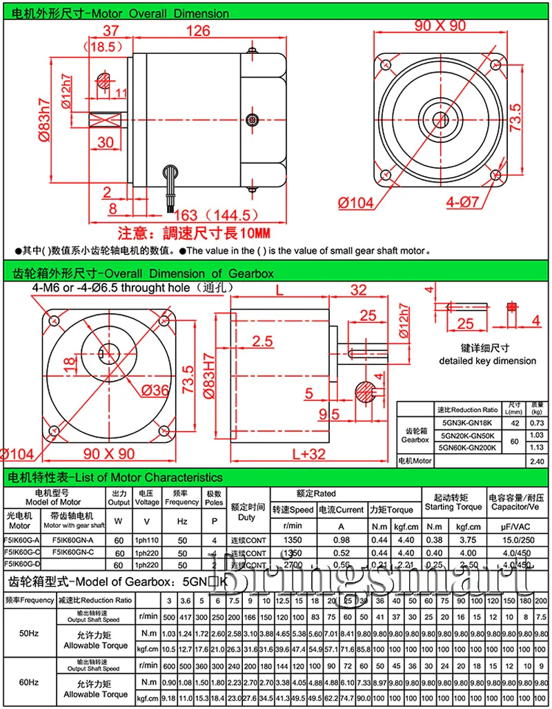 Wholesale 60W 220V Gear Motor Single Phase 7.5 To 600RPM/MIN With CW/CCW Fixed Speed With Motor Capacitor Bringsmart