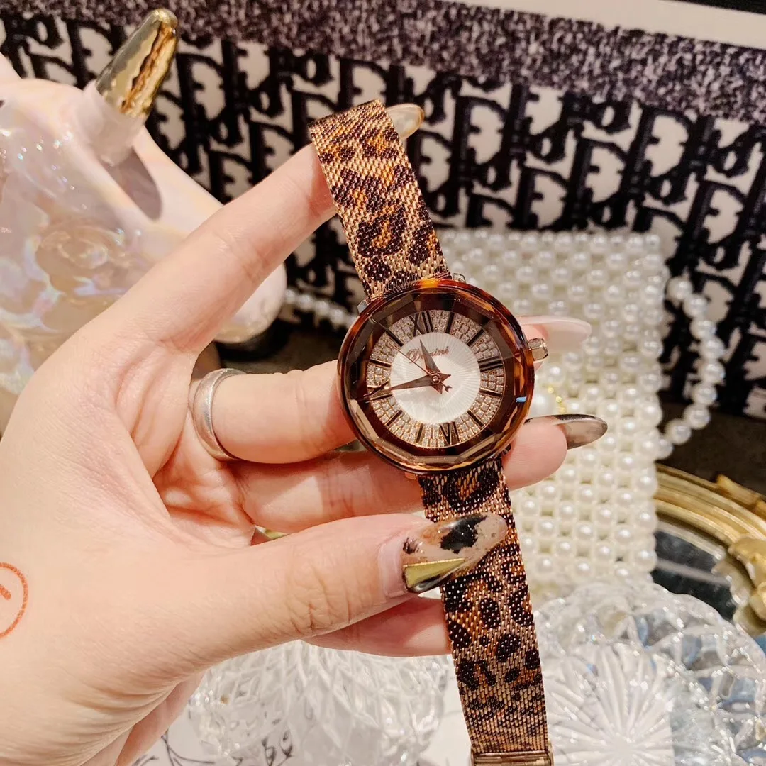 Relojes de leopardo de marca Sexy para mujer, reloj de pulsera con número romano, cristales de vestido de verano, reloj de pulsera Milanesa De acero completo, reloj de cuarzo