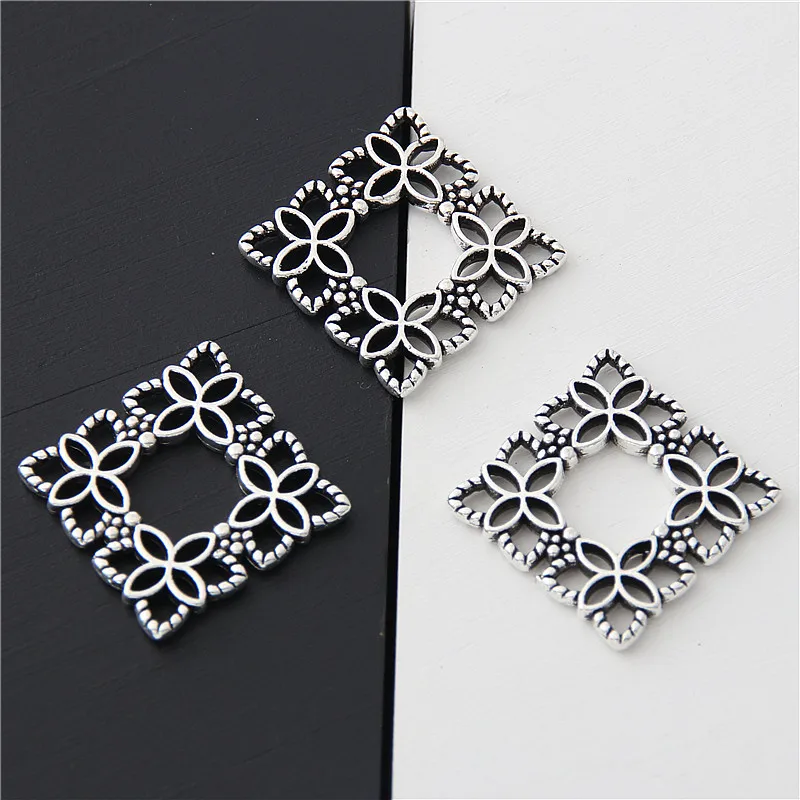 40pcs  Silver Color Little Mini Square Wreath Charms Nature Flower Pendant For Women  Finding Jewelry Accessories 16mm A3052