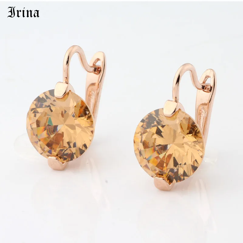 Irina Round CZ Earrings Women Gem Ear Drop Earring Vintage Jewelry Zircon Rose Gold Color Earrings Multicolor