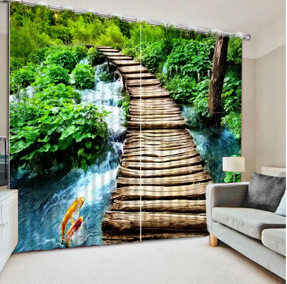 luxury home modern curtains for bedroom Wooden bridge flowing water scenery girls curtains for bedroom