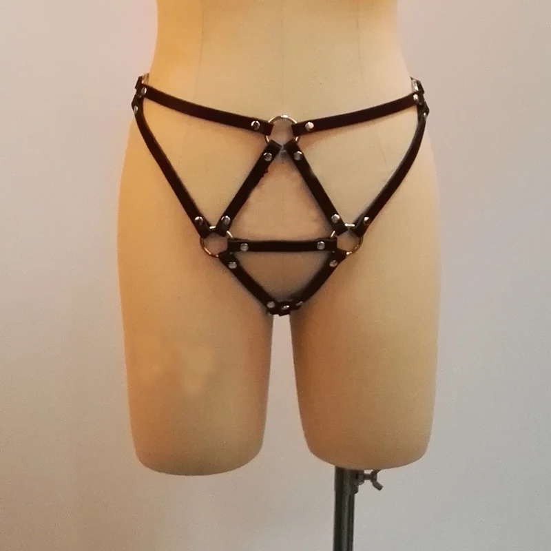 100% Handcrafted Women Sexy Leather Bra Bralet Sets Punk Gothic Bondage Leather Harness Frame Caged Belt Top Panty Thong