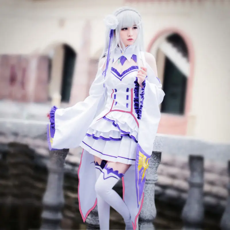 Re:Zero kara Hajimeru Isekai Seikatsu Emilia Anime Cosplay Costume Outfit Dress Stocking +Track Number