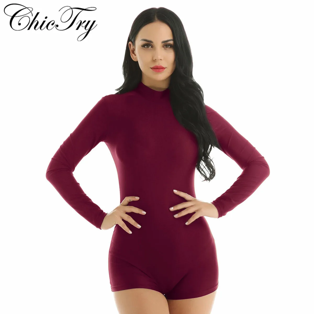 Mock Pescoço Dança Collant Fêmea adulta com Thumbhole Gola Curta Zip Mulheres Unitards Ginástica Leotards Dança Macacão