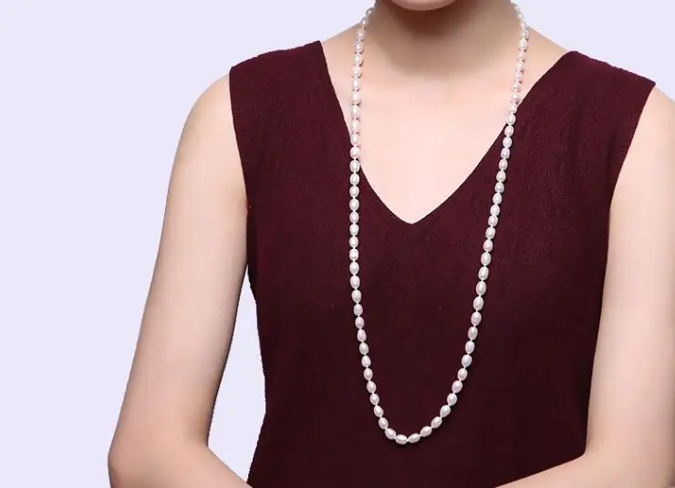 30 inch 80cm New natural 7x8mm bright white oval round freshwater pearl long necklace pendant gift